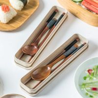 Natural Wood Spoon Chopsticks Set + Box Portable Dinnerware Tableware Cutlery Kits