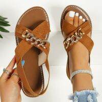 Casual and Summer Women’s Sandals with Double Cross Wide Strap and Gold Chain Detail