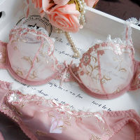 Bra Transparent Pink Underwear Exquisite Embroidery Lotus Ultra-thin Womens Sexy Lace Bra Set