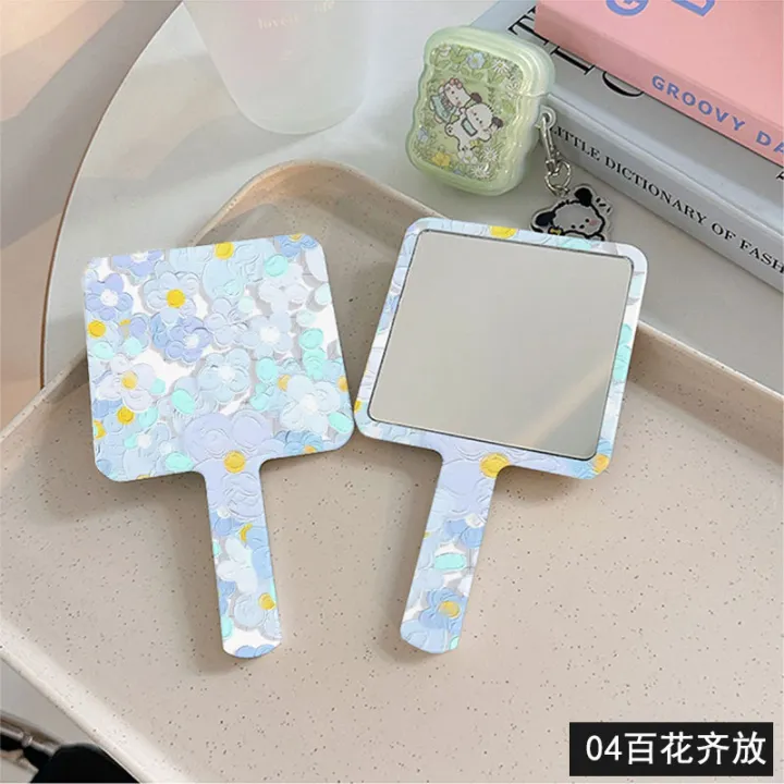 travel-friendly-makeup-mirror-handheld-mirror-for-makeup-application-wind-flower-square-hand-held-mirror-makeup-mirror-with-handle-portable-makeup-mirror