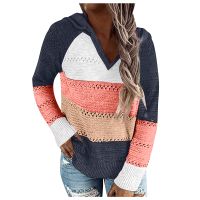 Autumn Women Patchwork Hooded Sweater Knitted Sweater Long Sleeve V-neck Casual Striped Pullover Jumpers 2020 New Female Hoodies