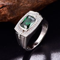 925 Sterling Silver Mens Ring Green Rectangle Zircon Wedding Bands Engagement Jewerly Gift