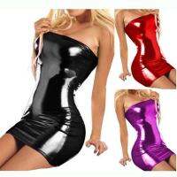 QianXing Shop Glisten Metallic Kulit Palsu Pvc Minidress Bodystockings Pakaian Dalam Babydoll Set Pakaian Pakaian Bodysuits Tak Bertali Bahu Hitam