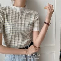 ❀⊕❄ Xiaozhainv Korean Retro ins striped round neck short-sleeved knit sweater women clothes All Match thin slim top