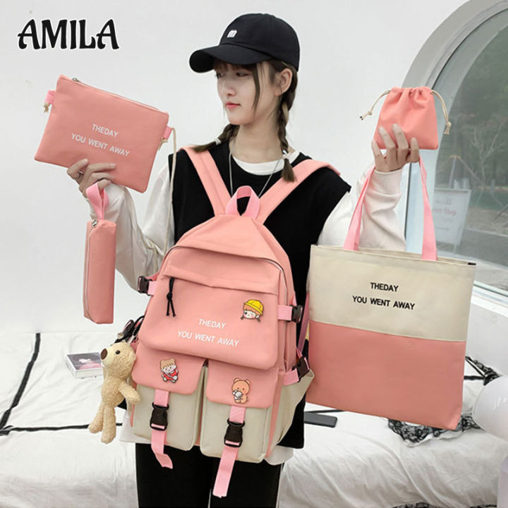 amila-กระเป๋านักเรียนผ้าใบสีเข้าคู่แฟชั่นเกาหลีมัธยมต้นกระเป๋าสะพายใส่หนังสือกระเป๋าเป้สะพายหลังห้าชิ้นความจุขนาดใหญ่