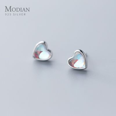 Modian Cute Hearts Stud Earrings For Women 925 Sterling Silver Rainbow Opal Ear Studs Wedding Engagement Statement JewelryTH
