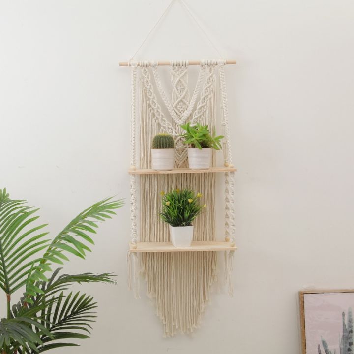 สองชั้นโบฮีเมียน-macrame-ที่แขวนผ้าติดผนังชั้นวางของตกแต่งบ้านที่เก็บของทำจากไม้ดอกไม้แขวนผนังแบบทอด้วยมือ