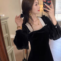 Winter French Retro Vintage Maxi Long Black Plus Size Dress Square Collar Bubble Sleeve Gold Velvet Sexy Women Vestido Party