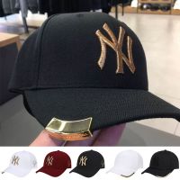 MLBˉ Official NY MZ Korean baseball hat NY men and women adjustable black gold brim metal standard peaked cap versatile tide spring and summer sunshadeTH