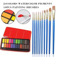 24 Color Artists Solid Watercolor Pigment Paint + 10pcs Painting Brushes Set