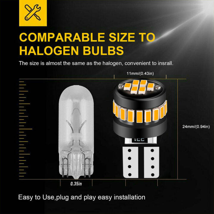 2023new194หลอดไฟไฟ-led-t10-168-w5w-2825อำพัน12v-3000k-500lm-ชิปเซ็ต3014-24-smd-สำหรับเปลี่ยนหลอดไฟ-led-แพ็คละ10ชิ้น