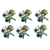 6 Pcs Starfish Napkin Rings,Pearl Rhinestone Ocean Coastal Nautical Napkin Ring Holders Napkin Buckle for Party,Green