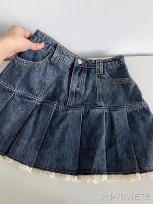 【LZ】♨✒  Mini saia feminina coreana jeans curta casual plissada azul grunge estético jeans de cintura alta saia A-Line roupa alta vintage Y2K