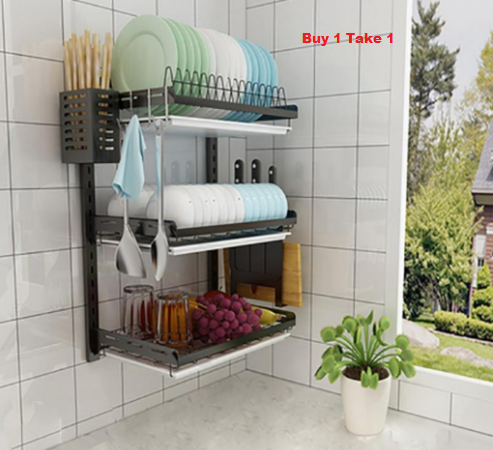 junyuan Kitchen Dish Rack,Hanging Silverware Dish Drying Rack Organizer Storage Shelf Over The Sink,2 Tier Wall Mount Bowl Holder with Drain Tray