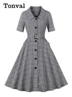 KKTonval Turn Down Collar Button Up Half Sleeve Pocket Swing Dress Vintage Clothes For Women Spring Summer Plaid Dresses Elegantq11