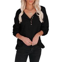 European and American womens sweater spring 2022 new solid color button-up lantern sleeves casual long-sleeved top women ❤