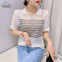 YIMEI เสื้อสเวตเตอร์โปโลแบบสวมหัวแขนสั้นผ้าชีฟองแบบสวมหัว,เสื้อสเวตเตอร์คอวีทรงหลวม2023เสื้อยืดสตรีฤดูร้อนเสื้อลำลอง