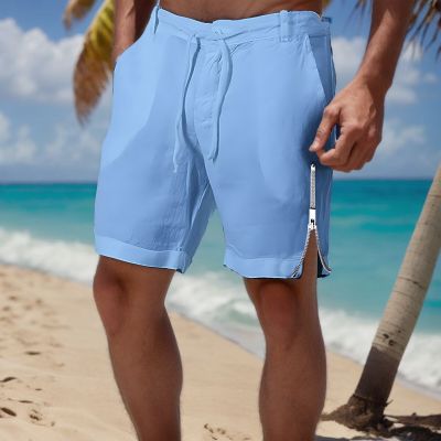 กางเกงติดซิปปลายขาข้างกางเกงขาสั้นผ้าฝ้ายสำหรับผู้ชาย,กางเกงผ้าลินินสีทึบระบายได้สำหรับฤดูร้อนชุดฟิตเนสชายหาด