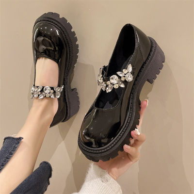 2023 New Spring and Autumn Season Rhinestone Buckle Mary Jane Thick Sole Enhances Temperament, One Line Buckle Strap Womens Small Leather Shoes, Lefu Shoes