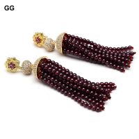 GG Jewelry Natural Garnet Round Beads Earrings Gold Color Plated CZ Stud Dangle Earrings For Women Ethnic Style