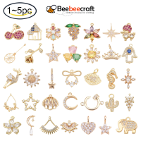 Beebeecraft 1-5 PC 18K Gold Plated Bowknot Rhinestone Charms Moon Star ทองเหลือง Cubic Zirconia จี้ Planet Dangles สำหรับผู้หญิงผู้ใหญ่ DIY เครื่องประดับทำต่างหูสร้อยข้อมือ