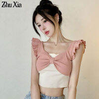 Zhu Xia เสื้อสองชิ้นสำหรับผู้หญิงเสื้อกล้ามโบว์สีชมพูประกบกันเสื้อนอกตัวสั้น