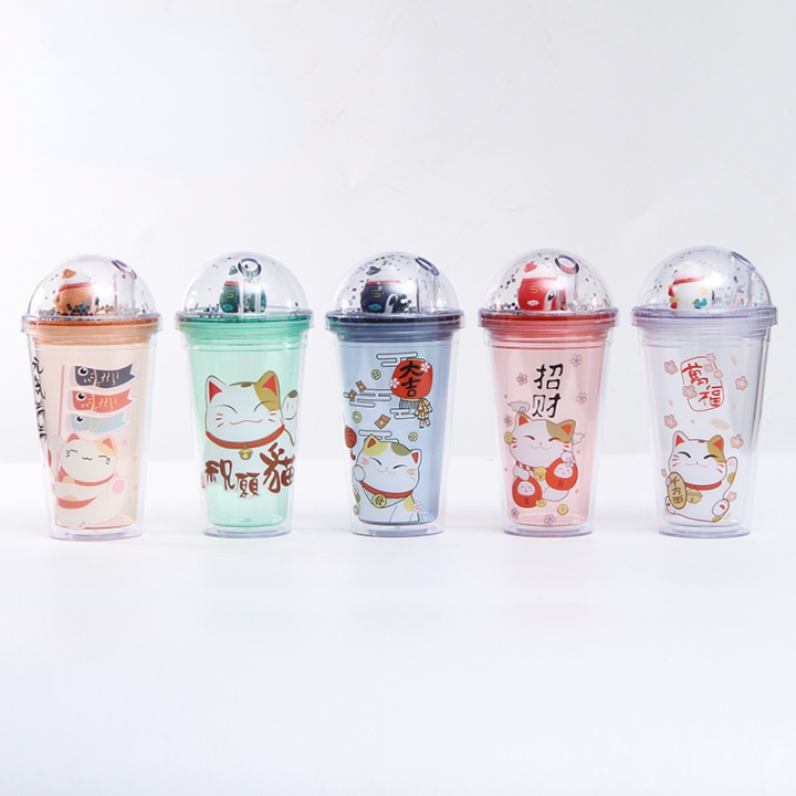 water-cup-plastic-coffee-drinking-cup-double-summer-ice-cup-cartoon-plastic-creative-lucky-cat-juice-refrigerated-straw-cup