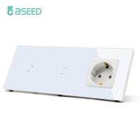 BSEED Double Touch Wall Switches 1/2/3Gang 1Way LED Light Switches Plus EU Socket Type-C USB Outlets Glass Panel Blue BackLight