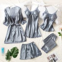 Robe of silk the spring and autumn pajamas women are five suit nightgown summer ice with breast pad