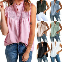 【cw】 Cross-Border European and American Foreign Trade Womens Clothing 2022 Summer New Pleating Top Vest V Collar Sleeveless Shirt ！