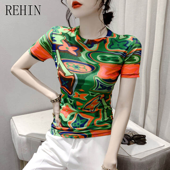 rehin-เสื้อยืดผู้หญิงฤดูร้อนแฟชั่นแขนสั้นพิมพ์ลายตาข่ายคอกลมเสื้อมีสไตล์เกาหลีเสื้อเชิ้ตชายและใหม่