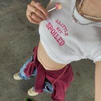 BG cwcy2k Crop Tops 2022ความงามน่ารักสีชมพูเย็บปักถักร้อยเด็ก Tees 2000s VINTAGE ribbed O-Neck Harajuku แขนสั้นเสื้อยืด TOP