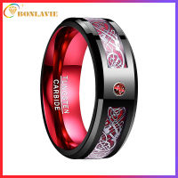 BONLAVIE Mens 8mm Tungsten Carbide Ring Celtic Dragon Red Red Carbon Fiber and Cubic Zirconia Inaly Size 7 to 16