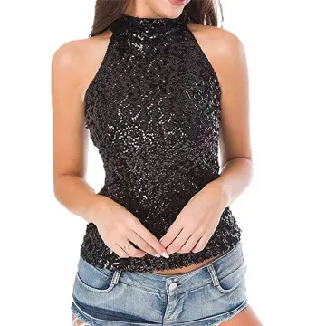 Womens Tops and Blouses Loose Fit Glitter Strappy Tank Tops Ladies Sexy  Sparkle Cami Swing Vest Clubwear,Silver,Large at  Women's Clothing  store