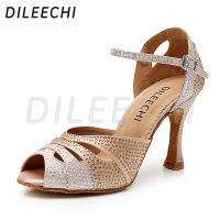 DILEECHI Latin Dance รองเท้าผู้หญิงใหม่เลเซอร์ Rhinestone ปากปลาซาติน Salsa Party บอลรูมเต้นรำรองเท้าผิวส้นสีบรอนซ์9ซม.