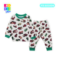 KiddeeCrew ชุดนอนเด็กครีมลายรถ ผ้าแซนวิช crem pajamas, car pattern, sandwich fabric เหมาะสำหรับอายุ 1-14 ปี