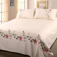 WOSTAR Rose flora embroidery design flat bed sheet solid colour cotton twill linen bedding luxury home textiles queen king size