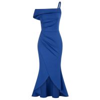 ZZOOI GK Women Party Cocktail Dress Asymmetric Shoulder Wrap Hem Dress Elegant Lady Evening Ruched Bodycon Dress Slim Fit Hips-wrapped