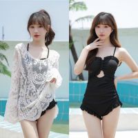 Swimsuit womens new one-piece flat angle cover belly slimming pure desire small chest gathered summer seaside vacation conservative sun protection mesh