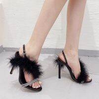 New European Station Sandals Candy Color Luxury Rabbit Fur Slippers Large Women Shoes Size  High Heel Sandals Tacones Mujer