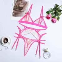 2023 Korean Pink Sexy Lingerie Beautiful Underwear Embroidery Panties Set Fancy Lace Erotic Thong Woman 3-Pieces