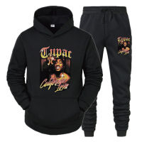 Rapper Harajuku Hoodie Set Printed Fashion Sweater Hip Hop Tupac Warm Black Sportswear Long Sleeve + Fleece Pants 2-Piece Set