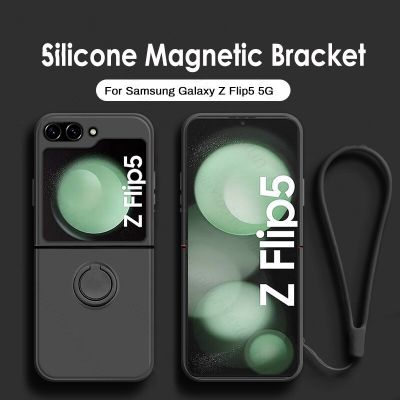 ZFlip5 Case Liquid Silicon Soft Back Cover For Samsung Galaxy Z Flip5 Flip 5 5G Magnet Holder Ring Shockproof Coque With Lanyard Phone Cases