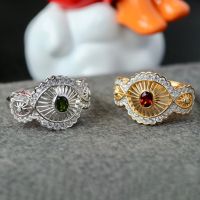 Natural Garnet Diopside Lace Flower 18K Gold Tone Solid 925 Silver Paved Halo Adjustable Ring 6433