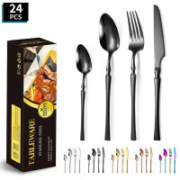 24PCS Fork Spoon Set Steak Western Food Shiny Simple Stainless Steel Bamboo Handle Home Tableware