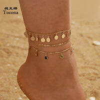 Tocona 3pcssets Colorful Rhinestone Tassel Anklets for Women Charm Gold Color Wafer Foot Chain Summer Jewelry Wholesale 14803