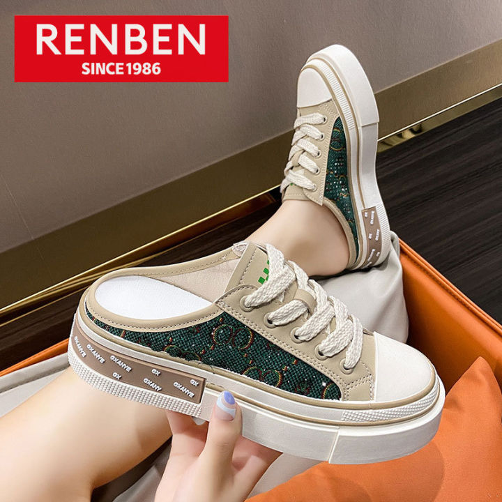 renben-รองเท้าแตะผู้หญิง-รองเท้าผ้าใบสีขาวเล็กลำลอง