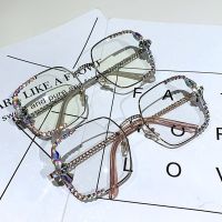 Fashion Square Sunglasses Women Metal Frame Blue Light Blocking Glasses Rhinestone Eyeglasses Frame Glasses Clear Shades Uv400