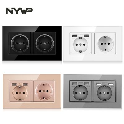 ✁ NYWP wall-mounted glass panel 16A power socket EU standard multi-plug with 2 USB charging ports hidden LED indicator