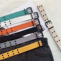 Simple Style Solid Wide Belt Canvas Web Double Grommet Hole Buckle Belt Female Male Hot Waist Strap Belts for Women Men Jeans